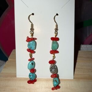 Turquoise and Red Coral Beaded Dangle Earrings